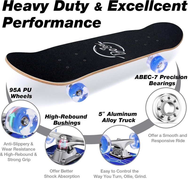 BELEEV Skateboards for Beginners, 31 x 8 inch Complete Skateboard for Kids Teens Adults, 7 Layer Canadian Maple Double Kick Deck Concave Cruiser Trick Skateboard with Multifunction Skate T-Tool - Image 5